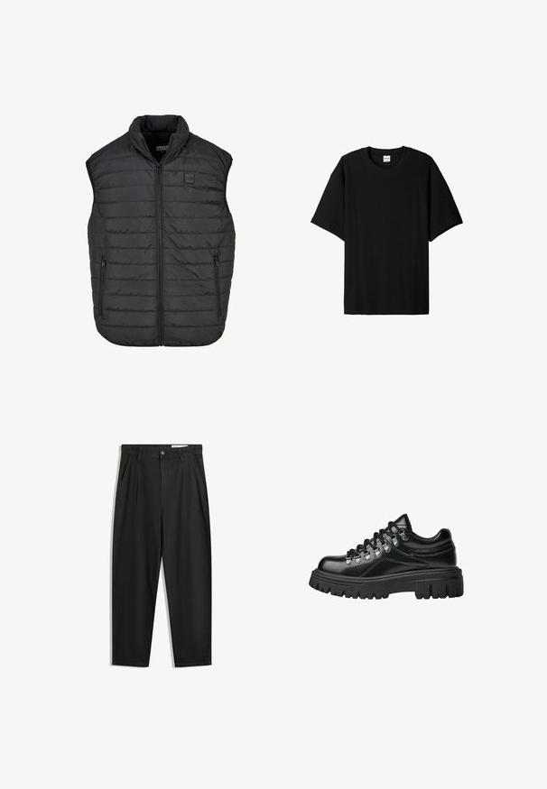 Crna prsluk bez rukava od pufera s visokim ovratnikom, zatvaranjem na patentni zatvarač, dva bočna džepa, horizontalnim šavovima i malom oznakom na prsima.; Crna rebrasta kratka majica s kratkim rukavima i okruglim izrezom, s opuštenim krojem i teksturiranom površinom. Jednostavan dizajn; bez grafika ili akcenta.; Crne pamučne hlače s opuštenim krojem, s klasičnim pojasom, prednjim nabranjima i bočnim džepovima. Glatka tekstura bez uzoraka.; Crni čvrsti potplat, kožne planinarske cipele s metalnim rupicama i debelim crnim vezicama, bočni prikaz na bijeloj pozadini.