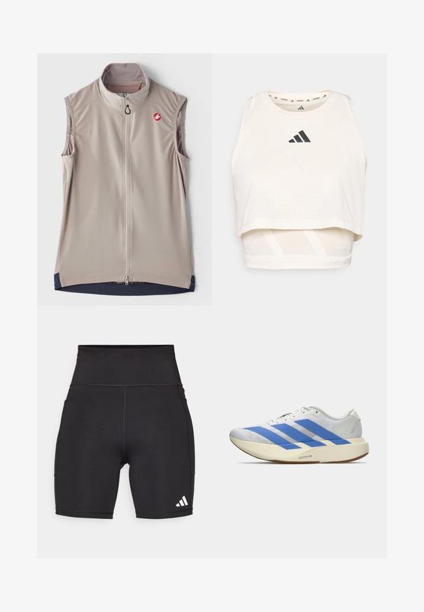 Šviesiai smėlio spalvos be rankovių liemenė su aukštu apykakle, priekiniais užtrauktukais ir tamsiai mėlynomis detalėmis apvadu. Su logotipu ant krūtinės. Lygus audinys.; Baltas sportinis trumpas tank topas, pagamintas iš kvėpuojančios medžiagos. Turi apvalų iškirpimą, perforuotą tekstūrą ir juodą logotipą priekyje.; Juodi sportiniai šortai, pagaminti iš elastingos medžiagos. Aukštas juosmuo, iki vidurio šlaunų ilgio, su balta trijų juostų logotipu kairiajame apatinėje pusėje.; Balti sportiniai batai su mėlynomis juostelėmis, tekstūruota viršutinė dalis, plokščias padas ir „LIGHTSTRIKE PRO“ prekės ženklas šone. Žemas profilis.