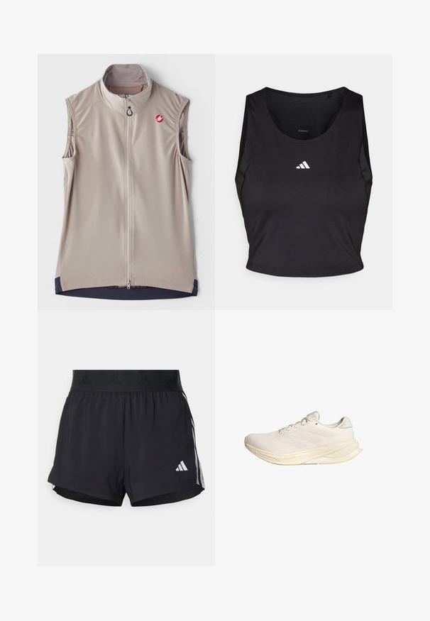 Gilet sans manches beige clair avec un col montant, fermeture éclair à l'avant et accents bleu marine au niveau de l'ourlet. Présente un logo sur la poitrine. Tissu lisse.; Crop top de sport noir en tissu évacuant l'humidité, avec un col rond, sans manches, et logo blanc sur la poitrine.; Shorts de sport noirs avec une taille élastique, dotés d'une bande texturée, de rayures sur les côtés, et d'un logo Adidas blanc sur l'ourlet inférieur.; Chaussure de sport beige clair avec une tige en mesh, des lacets plats et une semelle rembourrée. Présente un design à trois bandes sur le côté latéral.