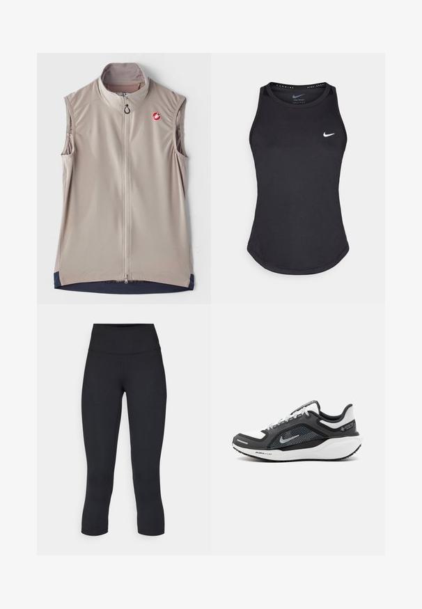 Lys beige ermeløs vest med høy krage, glidelås foran og marineblå detaljer i kanten. Har et logo på brystet. Glatt stoff.; Svart atletisk tanktopp laget av fukttransporterende materiale. Har rund hals, slim fit og hvit Nike-logo på brystet.; Sorte, cropped leggings laget av elastisk stoff, med høy midje og glatt tekstur, uten synlige mønstre eller detaljer.; Nike-sneakers med et svart og hvitt fargevalg, mesh-overdel og sølvdetaljer. Gummisåle med "Air Zoom"-merking, strukturert for grep.