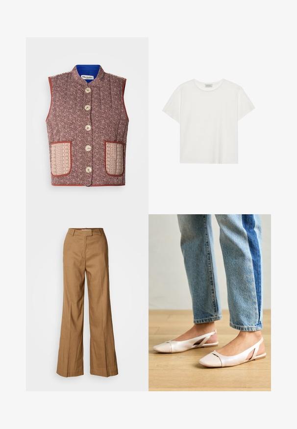Prošívaná vesta z květinové látky s vínovým základem, má béžové kapsy se vzorem a velké krémové knoflíky, dokončeno modrou podšívkou.; Bílé tričko s krátkým rukávem vyrobené z měkké bavlny. Má kulatý výstřih a volný střih. Čistý design bez viditelných vzorů nebo akcentů.; Hnědé široké kalhoty vyrobené z lehké tkaniny. Mají plochý přední díl, poutka na pásek a upravený siluetu s délkou ke kotníkům.; Světle růžové slingback baleríny s špičatou špičkou, vyrobené z hladkého koženému materiálu. Obsahují vystřihovací detaily po stranách a plochý podpatek.