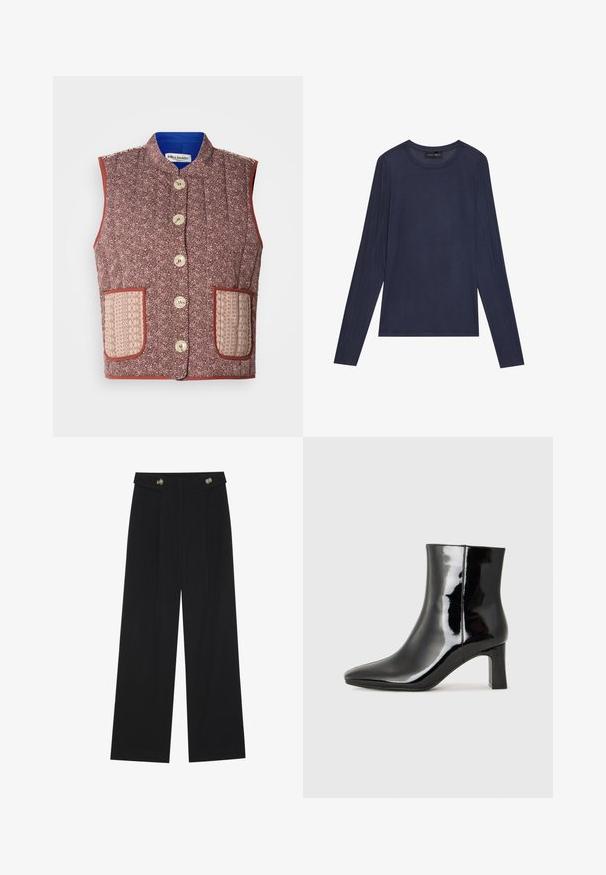 Quiltana brezrokavnik iz cvetličnega blaga z burgundski osnovo, ima bež vzorčaste žepke in velike kremne gumbe, končan z modrim podložkom.; Mornarsko modra dolga majica z dolgimi rokavi, izdelana iz gladkega, lahkotnega materiala. Ima okroglo ovratnico in šivane detajle ob rokavih in straneh.; Črne široke hlače s visokim pasom, gumbnimi detajli na pasu in sprednjimi gubami.; Črne lakirane gležnjarje z ošiljenim nosom in srednje visokim blokastim peto. Gladka tekstura in minimalističen dizajn.