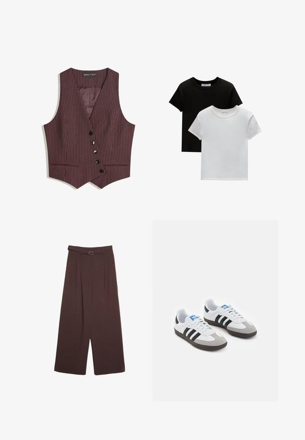 Burgundin pinstripe-vesti, jossa on V-pääntie, kuusi nappiavausta, kaksi etutaskua ja sileä sisävuori. Räätälöity malli, jossa on terävät reunat.; Kaksi crew-neck t-paitaa mustana ja valkoisena, valmistettu puuvillasta. Ne sisältävät lyhyet hihat ja yksivärisen muotoilun ilman kuvioita tai korostuksia.; Stradivarius WIDE-LEG WITH BUCKLE DETAIL - Housut - dark brown; Urheilukengät, joissa on valkoinen nahkainen päällinen, harmaa mokkanokka ja kolme mustaa raitaa. Ominaisuuksina sininen logo kielekkeessä ja kuvioitu kumipohja.