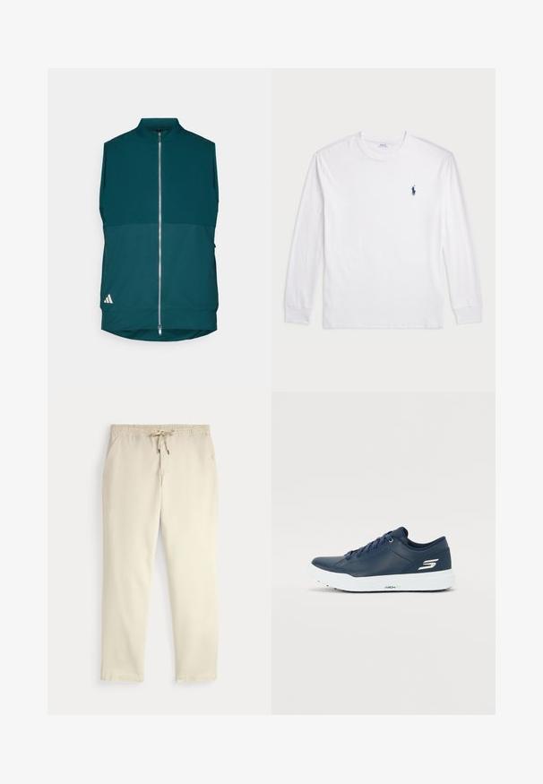 Colete sem mangas de tom teófilo escuro, com fecho éclair na parte da frente, gola alta e pequeno logótipo branco perto da bainha inferior esquerda.; Camisola de manga longa branca feita de algodão. Apresenta um decote redondo, punhos canelados e um pequeno logótipo de polo azul-marinho no lado esquerdo do peito.; Calças casuais off-white com cintura elástica e cordão, pernas retas e bolsos laterais, contra um fundo liso.; Sapatilha azul-marinho com parte superior sintética suave, gola almofadada e sola branca. Apresenta logo na lateral e atacadores planos para um ajuste seguro.