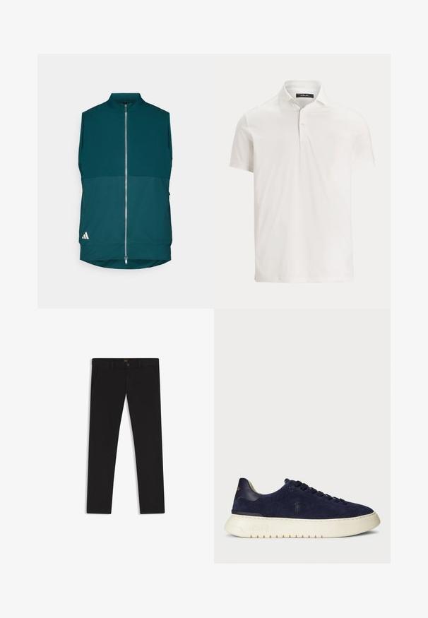 Giacca senza maniche di colore verde scuro con zip completa sul fronte, colletto alto e piccolo logo bianco vicino all'orlo sinistro.; Polo da uomo bianca a maniche corte con colletto, due bottoni e una discreta etichetta con logo all'interno del colletto.; Pantaloni neri realizzati in tessuto con una superficie liscia. Presentano una chiusura con bottone, passanti per cintura e tasche laterali. Design a gamba dritta standard.; Sneaker bassa in suede blu navy con superficie testurizzata, suola in gomma e lacci tonali, caratterizzato da un piccolo logo sul lato e sul tallone.