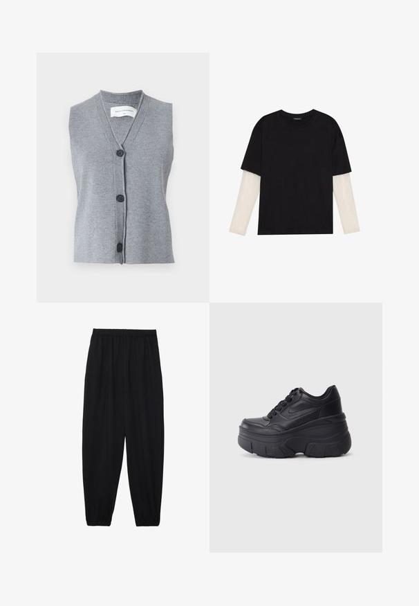 Pelēks bez piedurknēm vests ar V-veida kakla izgriezumu, izgatavots no mīksta adījuma materiāla, ar pogām priekšpusē un nedaudz ribotu apdari.; Melna kokvilnas T-kreklu ar īsām piedurknēm, virs baltas garām piedurknēm ar smalku teksturētu rakstu. Apaļas kakla izgriezuma dizains.; Melnas, vieglas bikses ar elastīgu jostu un savilktiem potītiem. Audums ir gluds un to raksturo brīva, sašaurināta forma.; Melni šņorējami sporta apavi ar biezu zoli, ar gludu ādas augšdaļu, noapaļotu purngalu un izteiktu slāņveida platformas dizainu.