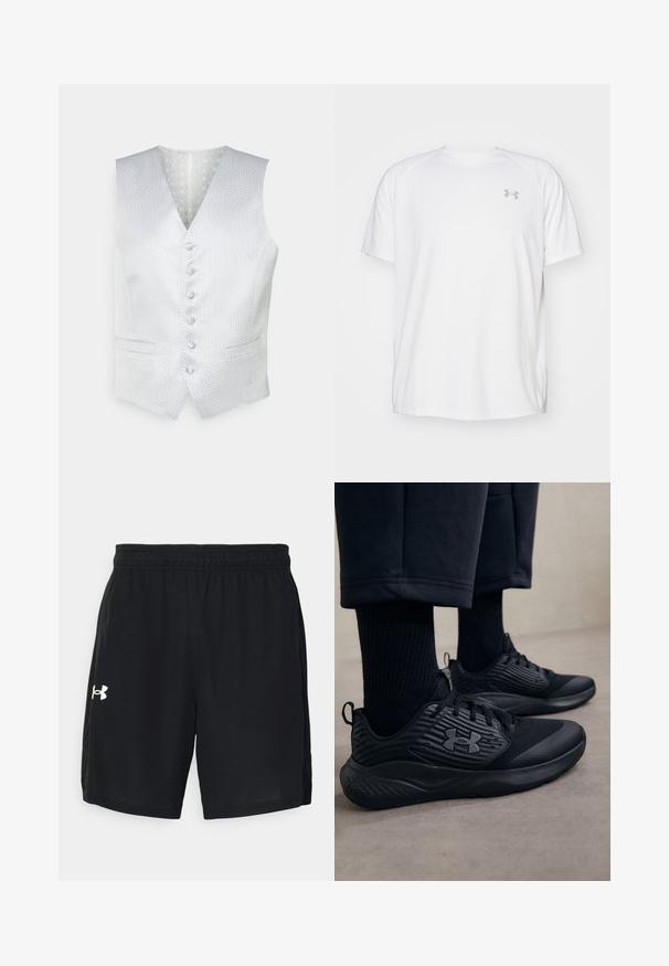 JOOP! WEAZER - Weste - open blue; Weißes kurzärmeliges Sportshirt aus glattem Material. Mit Rundhalsausschnitt und grauem Logo auf der linken Brust, sowie seitlichen Schlitzen am Saum.; Schwarze Sportshorts aus leichtem Material mit elastischem Bund und einem weißen Logo auf der linken Seite.; Person in schwarzen Sport Sneakers mit strukturierten Seiten und Logo, kombiniert mit schwarzen Socken und kürzeren Hosen auf einem hellen Boden.