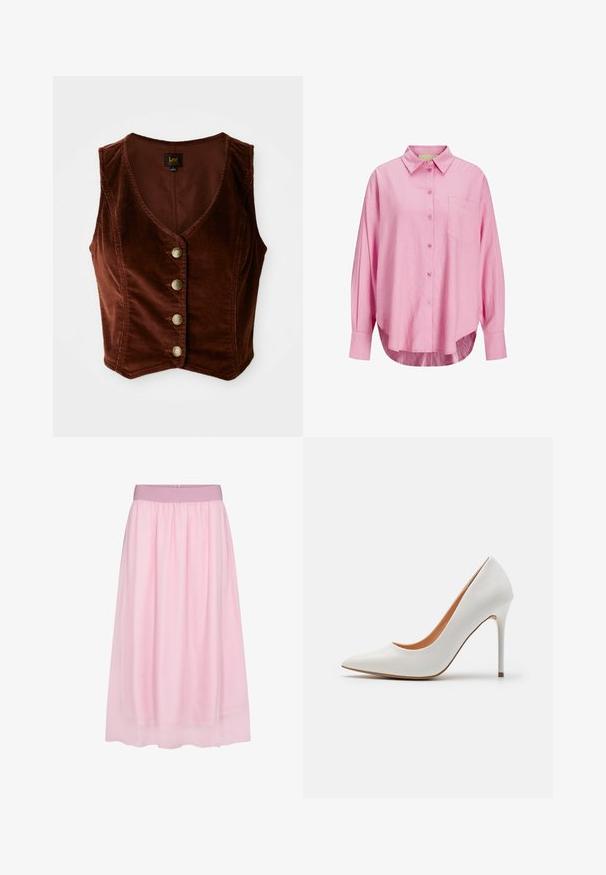 Brązowy bezrękawnik z materiału kordowego, z głębokim dekoltem w kształcie litery V oraz pięcioma złotymi guzikami, o fakturowanej powierzchni i dopasowanym kroju.; Jasnoróżowa koszula na guziki z kołnierzykiem, długimi rękawami, pojedynczą kieszenią na piersi oraz lekko zaokrąglonym dołem. Materiał wydaje się być miękki.; Różowa spódnica z tiulu o miękkim, przejrzystym designie. Posiada elastyczny pas i zwiewny krój, tworząc efekt warstwowania.; Białe lakierowane szpilki z ostro zakończonym noskiem i smukłym obcasem typu stiletto, charakteryzujące się gładką teksturą i beżowym wnętrzem.