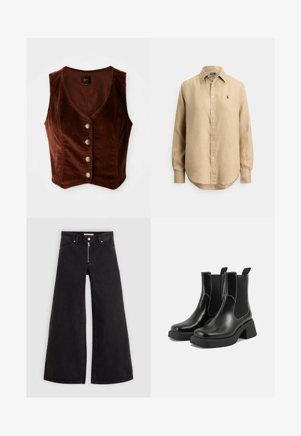 Rudas kordurojinis berankovis didelio V formos iškirptės viršus su penkiais auksiniais mygtukais, tekstūruota paviršiumi ir prigludusia forma.; Smėlio spalvos ilgomis rankovėmis marškiniai su sagomis, aštriu apykakliu ir mažyčiu tamsiai mėlynu siuvinėtu logotipu ant kairės krūtinės.; Plačios kojų džinsai iš juodo džinsinio audinio su užtrauktuku priekyje, penkių kišenių dizainu ir subtiliais siuvinėjimo akcentais. Lygus paviršius ir laisvalaikio stilius.; Juodos odinės Chelsea botai su storiu kulnu, elastinėmis šoninėmis panelėmis ir kontrastinga balta siūle. Tekstūruota apdaila.