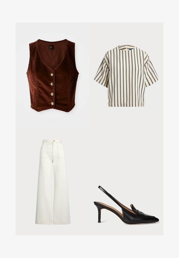 Rudas kordurojinis berankovis didelio V formos iškirptės viršus su penkiais auksiniais mygtukais, tekstūruota paviršiumi ir prigludusia forma.; Kreminės ir tamsiai mėlynos juostelės trumpų rankovių marškinėliai, turi apvalų iškirpimą ir dėžutės tipo dizainą, pagaminti iš tekstūruotos medžiagos.; Plati kojinės džinsai of white denimo. Aukštas liemuo, su mygtuko uždarymu, dviem priekinėmis kišenėmis ir kontrastingai siuvinėjimu.; Juodos odinės slingback aukštakulnės bateliai su smailiu nosiu, žemu kulnu ir dekoratyvine juostele per pėdos vidurį. Lygus paviršius ir minimalistinis dizainas.