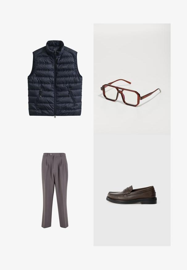 Mornarska podstavljena prsluk s visokim ovratnikom, prednjim patentnim zatvaračem i dva bočna džepa na patentni zatvarač. Izrađen od lagane tkanine s prešivanim uzorkom.; Mornarska pletena majica s visokim ovratnikom i srebrnim zatvaračem. Ima rebrastu teksturu i duge rukave, pružajući prilagođen i uski oblik.; Dva majice kratkih rukava s okruglim izrezom, jedna crna i jedna bijela, napravljene od mekanog pamučnog materijala s rebrastom teksturom. Klasičan kroj.; Sive plisirane hlače od glatkog materijala, s dizajnom ravnih nogavica, jednim gumbom za kopčanje i koso rezanim bočnim džepovima.; Smeđe kožne loafers cipele sa okruglim vrhom, detaljnim šavovima i ravnim crnim đonom. Imaju mali ukrasni remen preko gornjeg dela stopala.; Smeđe prozirne velike naočale s pravokutnim staklima i tankim okovima. Kutovi su nagnuti, blago zaobljeni, a metalni detalji su vidljivi.