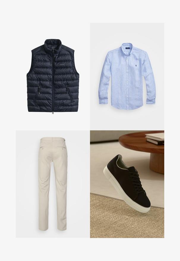 Tengerészkék bélelt mellény magas gallérral, elülső cipzárral és két cipzáras oldalzsebbel. Könnyű, steppelt textúrájú anyagból készült.; Kék és fehér csíkos, hosszú ujjú pamut ing, gombos gallérral, elől gombokkal és egy kis hímzett logóval a mellkason.; Beige nadrág sima felülettel, egyenes szabással, két gombos hátsó zsebbel és normál derékrésszel.; Fekete sneakers fehér talppal lebeg egy bézs textúrájú szőnyeg felett, egy kerek fából készült asztal közelében, rajta egymásra pakolt könyvekkel.