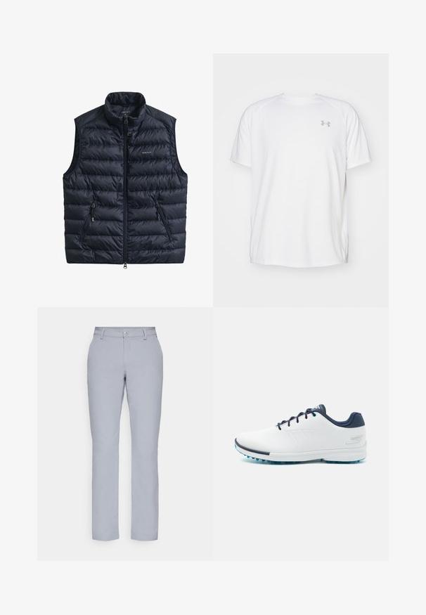 Mornarska podstavljena prsluk s visokim ovratnikom, prednjim patentnim zatvaračem i dva bočna džepa na patentni zatvarač. Izrađen od lagane tkanine s prešivanim uzorkom.; Bijela atletska majica kratkih rukava od glatkog materijala. Ima okrugli izrez i sivi logo na lijevoj strani prsnog koša, s bočnim prorezima na rubu.; Svijetlosive hlače ravnog kroja, s kopčanjem na gumbe, prednjim džepovima i glatkom, teksturiranom tkaninom. Minimalistički dizajn, bez uzoraka.; Bijele atletske cipele s glatkim sintetičkim gornjim dijelom, plavim naglascima, teksturiranim tamnoplavim petom i laganim, šiljastim potplatom za prianjanje.