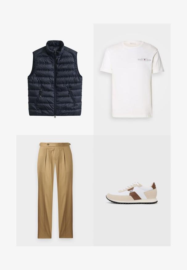 Tamsiai mėlynas pamuštas liemenė su aukštu apykakliu, priekiniu užtrauktuku ir dviem užsegamomis šoninėmis kišenėmis. Pagaminta iš lengvos, siuvinėtos tekstūros audinio.; Balta medvilninė marškinėlių su apvalia apykakle, trumpomis rankovėmis ir spaudiniu. Pasižymi minimalistiniu dizainu ir laisvu kirpimu.; Smėlio spalvos kelnės tiesiu kirpimu, su klostėmis, mygtuko užsegimu ir diržo kilpelėmis. Lygus audinys su švariu, pritaikytu įvaizdžiu.; Batai sportiniai, pagaminti iš baltos tinklinės medžiagos ir kreminės zomšos, su rudos odos akcentu. Apvali noselė, plokščias gumos padas ir raištelių užsegimas.