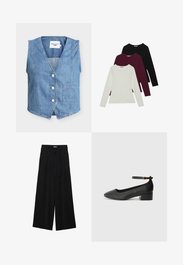 Šviesiai mėlynas džinsinis liemenė su V formos iškirpte, penkiais apvaliais mygtukais ir priekiu kišenėje. Turi toninius siuvimus ir be rankovių.; Ilgomis rankovėmis marškiniai baltos, bordo ir juodos spalvos. Pagaminti iš minkštos medžiagos, su apvaliu iškirpimu ir prigludusia forma. Tinka sluoksniavimui.; Juoda plačių kojų kelnės, pagamintos iš tekstūruoto audinio, su elastingu juosmeniu ir atsegamu diržu juosmenyje, leidžiančiu reguliuoti dydį.; Juodas odinis aukštakulnis batelis su smailiu pirštu ir žemu bloku. Su kulkšnies dirželiu su auksinės spalvos sagtimi. Lygus paviršius.