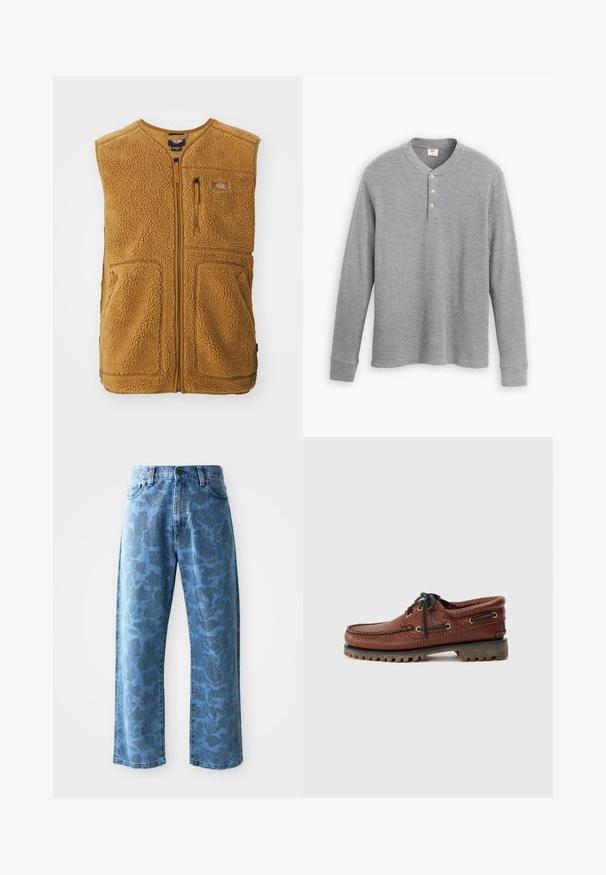 Brązowa kamizelka z sherpy z zamkiem z przodu, trzema kieszeniami i małą naszywką z logo na górnej lewej części klatki piersiowej.; Szary longsleeve henley z ribbowanej tkaniny, z trzema guzikami i okrągłym dekoltem, o lekko dopasowanym kroju.; Jasnoniebieskie dżinsy z subtelnym tonalnym wzorem kwiatowym, szerokie nogawki, pięć kieszeni oraz zapięcie na guzik w talii.; Brązowe skórzane buty żeglarskie z teksturowaną cholewką, czarnym sznurowaniem i złotymi oczkami. Posiadają trwałą, ryflowaną gumową podeszwę.