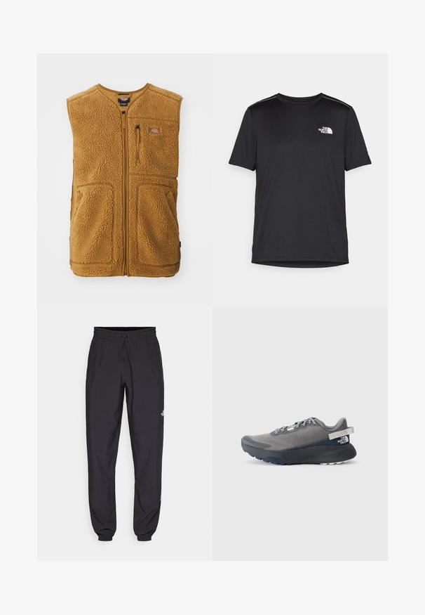 Brun sherpa fleece vest med frontglidelås, tre lommer og et lite logo-patch på øvre venstre bryst.; Svart kortermet T-skjorte laget av lett materiale. Har en liten hvit logo på venstre bryst og subtile skulderdetaljer.; Sorte idrettsbukser laget av lett stoff, med snor i livet, sidelommer og smale mansjetter ved anklene.; Grå løpesko med en teksturert overdel, flate lisser, robust såle og en hæltab med merkevare. Detaljer i mørkere nyanser av grått.