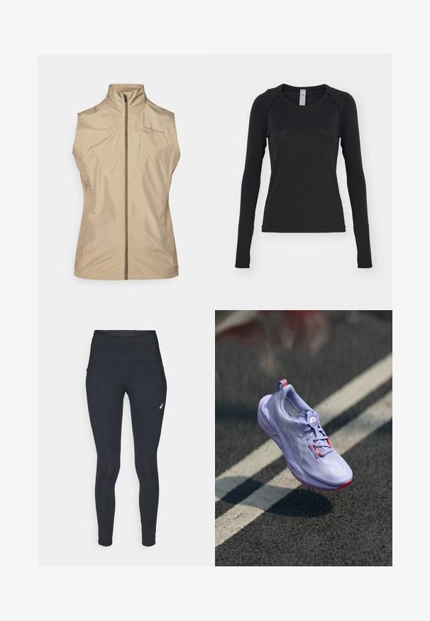 Beige ärmellose Weste mit hohem Kragen, Frontreißverschluss und Logodetails. Hergestellt aus leichtem, glattem Material mit einem minimalistischen Design.; Langärmliges Shirt in Schwarz, aus weichem Stoff. Es hat einen Rundhalsausschnitt und Raglanärmel mit Daumenlöchern an den Bündchen. Minimalistisches Design.; ASICS ROAD HIGH WAIST - Winter-Tights - performance black; Helle lila Laufschuh mit strukturiertem Obermaterial, pinken Akzenten, einem runden Schnürsystem und einer gesprenkelten Sohle, die über einem Asphalt-Hintergrund schwebt.
