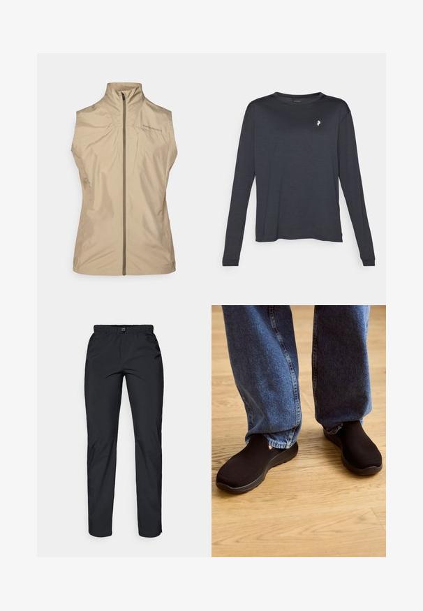 Beige sleeveless vest with a high collar, front zipper, and logo detailing. Made from lightweight, smooth fabric with a minimalistic design.; Dark long-sleeve T-shirt made of textured fabric, featuring a round neckline and a small white logo on the left chest area.; Black, lightweight, water-resistant pants with an elastic waistband and two side pockets; smooth texture; straight-leg design.; Black slip-on shoes with a textured mesh upper and a cushioned sole, paired with loose-fitting blue denim jeans on a wooden floor.