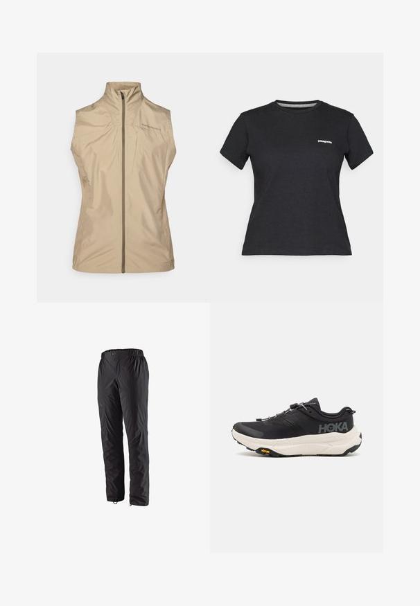 Béžová bezrukávová vesta s vysokým límcem, předním zipem a detaily s logem. Vyrobena z lehké, hladké látky s minimalistickým designem.; Černé bavlněné tričko s kulatým výstřihem a krátkým rukávem. Obsahuje bílé logo "Patagonia" na levé části hrudi.; Černé nepromokavé kalhoty s elastickým pasem, postranními zipovými kapsami, zúženými nohavicemi a hladkou texturou. Vhodné pro venkovní aktivity.; Černé sportovní boty s prodyšným síťovaným svrškem, gumovou podrážkou, bílou polstrovanou mezipodrážkou a reflexními tkaničkami. Logo Vibram na podrážce.
