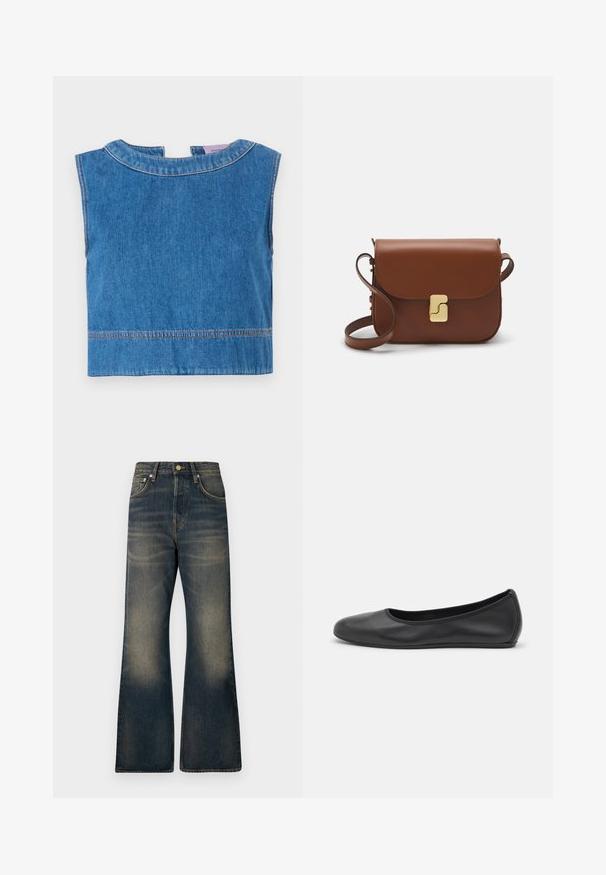 Modrý denimový bezrukávový top s kulatým výstřihem, švy jako akcenty a zkráceným střihem. Hladká textura a uvolněný design.; Bílá tričko s krátkým rukávem vyrobené z žebrované tkaniny. Kulatý výstřih, normální střih a jemné detaily šití. Bez vzorů nebo grafik.; Džínové zvonové kalhoty v tmavě modré barvě s vybledlým umytím, obsahující pět kapes, zapínání na knoflík a kontrastní švy.; Černé kožené baletní byty s kulatou špičkou, hladkou texturou, minimálními švy a flexibilním designem podrážky.; Hnědá kožená kabelka s klopou, zlatými kovovými detaily, ramenním popruhem a hladkým povrchem. Kompaktní obdélníkový tvar.