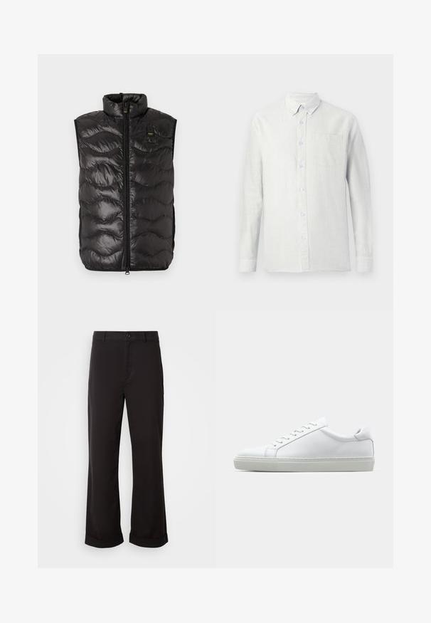 Svart puffervest med høy krage, quiltet design, frontglidelås og sidelommer. Laget av lett, reflekterende materiale.; Lysfarget, langermet skjorte med vertikale striper, knappekrage og brystlomme. Stoffet ser teksturert ut med en myk overflate.; Sorte bukser med rett passform, laget av lett stoff. Har klassisk knappelukking og rullet mansjett ved sømmen.; Hvit sneakers med en glatt skinnoverdel og lav profil. Har en rund tå, seks snøring hull, og en teksturert gummisåle.