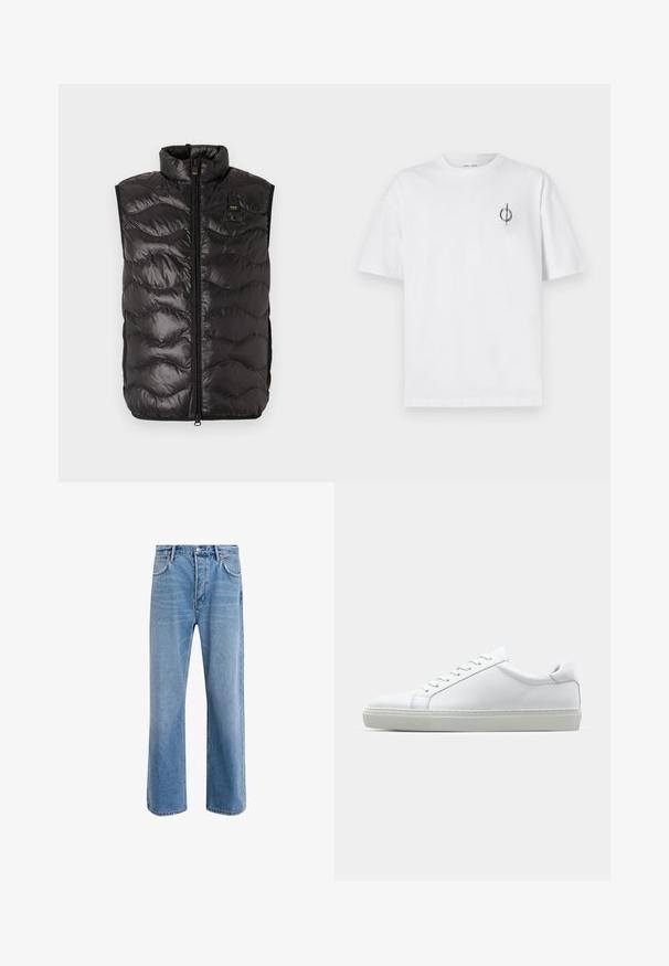 Sort polstret vest med høj krave, der har lynlås og et bølget quiltet mønster. Materialet virker skinnende og let.; Hvid bomulds t-shirt med en afslappet pasform, der har et lille sort grafisk logo på venstre brystområde. Korte ærmer, rund halsstil.; Lyseblå denim jeans med lige ben-design, fem lommer, knaplukning, minimal falming og kontraststingdetaljer.; Hvide sneakers med en glat læderoverdel og lav profil. Har en rund tå, seks snørehuller og en tekstureret gummisål.