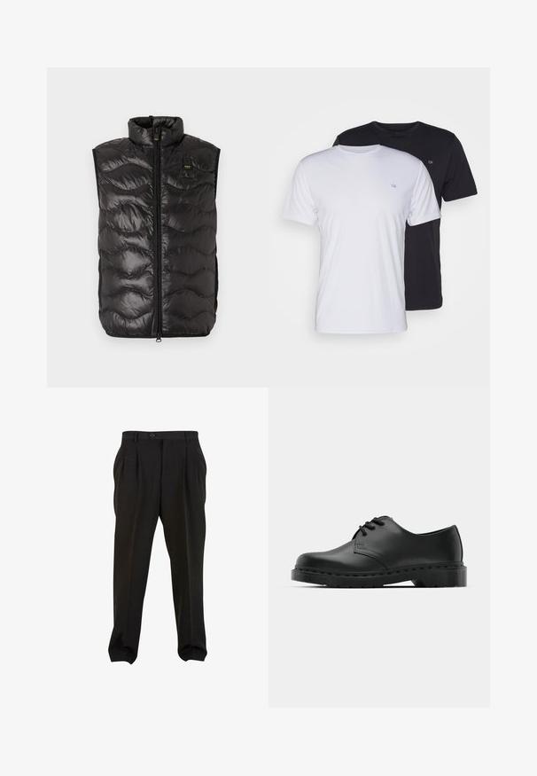 Zwarte puffer vest met een hoge kraag, doorgestikt ontwerp, voormeter en zijzakken. Gemaakt van lichtgewicht, reflecterend materiaal.; Twee katoenen t-shirts in het wit en zwart, met korte mouwen en ronde halsen, voorzien van een klein logo op de borst, met een soepele textuur.; Zwarte broek van gladde stof, met voorplooien, een knopenband en taps toelopende enkelboorden. Klassieke taillering.; Zwarte leren oxford schoenen met vetersluiting, ronde neus, platte rubberen zool en subtiele stiksel details langs het bovenwerk.