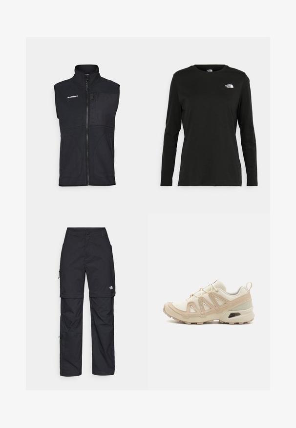 Colete preto sem mangas com colarinho alto, fecho frontal em zíper e um tecido texturizado subtil. Apresenta bolsos laterais e um logotipo da marca no peito.; T-shirt preto de mangas longas, feito de algodão, com decote redondo. Apresenta um pequeno logótipo branco na área esquerda do peito. Design simples e ajuste confortável.; Calças cargo pretas em nylon com fechos de correr removíveis, punhos ajustáveis, múltiplos bolsos e um logótipo na perna direita. Textura suave e leve.; Sapatilha atlética beige e creme com parte superior em malha texturizada, sobreposições de suporte e sola de borracha com um padrão de cravo para tração.