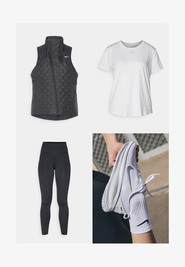 Black sleeveless vest with a high collar, featuring a quilted texture and a front zipper. Nike logo displayed in white on the upper left.; White short-sleeve T-shirt made of smooth fabric, featuring a round neckline and a small grey Nike logo on the chest.; High-waisted black leggings made of stretchy material, featuring a smooth texture and close-fitting design, with minimal stitching details.; White athletic shoe with textured design and gray Nike logo, held above a white sock. Shoe features a flexible sole and laces.