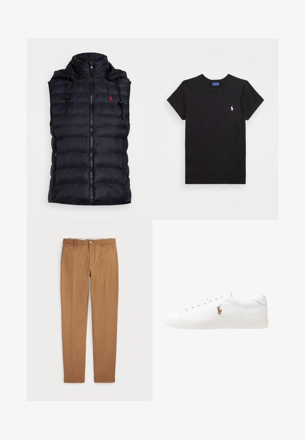 Melnā pūkainā veste ar kapuci, ar rāvējslēdzēja aizdari, sānu kabatām un sarkanu logo. Izceļas ar izšūtu tekstūru un regulējamām auklām.; Melnā kokvilnas t-krekls ar apaļu kakla izgriezumu, īsām piedurknēm un balto izšūto logotipu kreisajā krūtī. Gluda tekstūra, ikdienišķs dizains.; Brūni kokvilnas bikses ar šauru piegriezumu, plakanu priekšpusi un standarta kabatām; gluda tekstūra un apšūti manšetes.; Baltas ādas sporta apavi, zema dizaina, ar gludu tekstūru, noapaļotu purngalu, ar auklēm priekšpusē un nelielu izšūtu logotipu sānos.