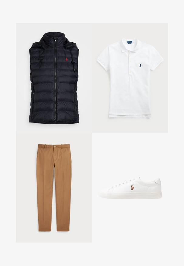 Svart puffer-vest med hette, glidelås, sidelommer og rødt logo. Har en quilted tekstur og justerbare snorer.; Hvit bomulls polo-skjorte med klassisk krage, korte ermer og en marineblå brodert logo på venstre bryst. Fem-knappers placket.; Brune bomullsbukser med en slim-fit design, flat front og standard lommer; jevn tekstur og kantede mansjetter.; Hvite lærsko, lavt design, med en glatt tekstur, rund tå, snøring foran, og en liten brodert logo på siden.