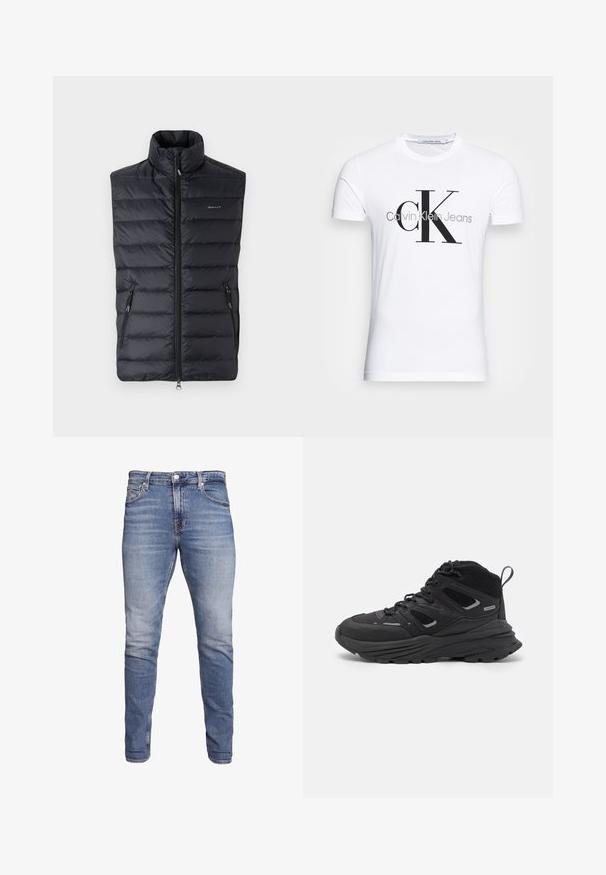 Juodas paminkštintas be rankovių liemenė su aukštu apykakle, priekiniais užtrauktukais ir dviem šoninėmis kišenėmis. Ant krūtinės yra subtilus prekių ženklo logotipas.; Balta medvilninė marškinėliai su juodu "CK" logotipu ir "Calvin Klein Jeans" tekstu, trumpomis rankovėmis ir klasikine apvalia iškirpte.; Mėlyni liesi džinsai su penkiomis kišenėmis, blyškios spalvos, mygtukų uždarymas ir diržo kilpos, pateikti prieš baltą fono.; Juodi žygio batai su sluoksniuota struktūra, tekstūruota medžiaga ir guma padanga, su sutvirtintomis sritimis ir raištelių užsegimu.