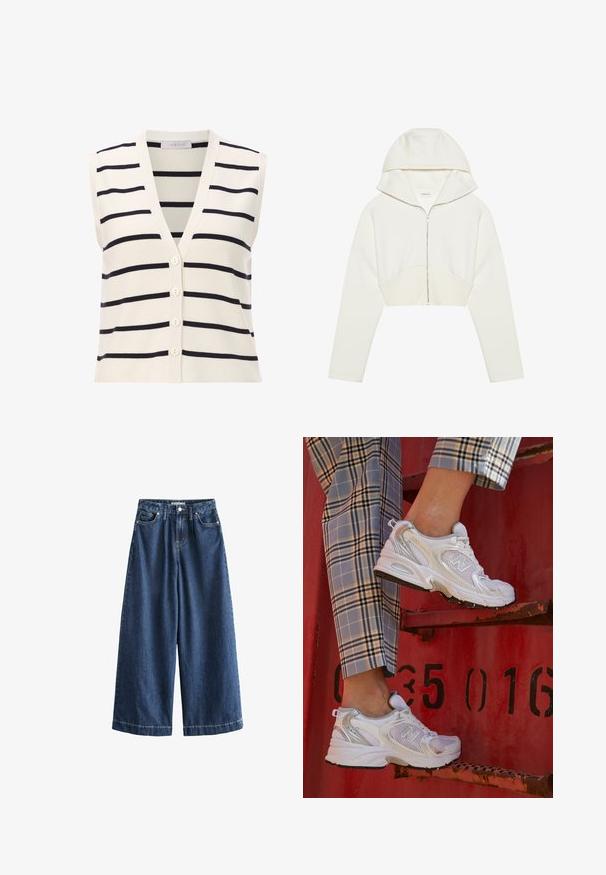Ärmellose gestreifte Weste mit V-Ausschnitt, aus leichtem Strickstoff. Cremefarbener Grund mit dunkelblauen horizontalen Streifen und vier Knöpfen.; Weißer, taillierter Zip-Hoodie mit Kapuze, weichem Stoff, langen Ärmeln und einer Nahtdetails auf der Vorderseite. Glatte Textur und metallischer Reißverschluss.; Weißes T-Shirt mit kurzen Ärmeln, Rundhalsausschnitt, aus weichem, glattem Baumwollstoff, mit geradem Saum und minimaler Ausstattung. Schlichtes und vielseitiges Design.; Hellebeiniges Denim-Hosen aus dunkelblauem Stoff. Hergestellt aus robustem Baumwollmaterial, mit hoher Taille, vorderen Taschen und geraden, verkürzten Säumen mit sichtbaren Nähten.; Weiße Mesh-Sneaker mit silbernen Akzenten und einer strukturierten Sohle, platziert auf einer roten Oberfläche, kombiniert mit karierter Hose.