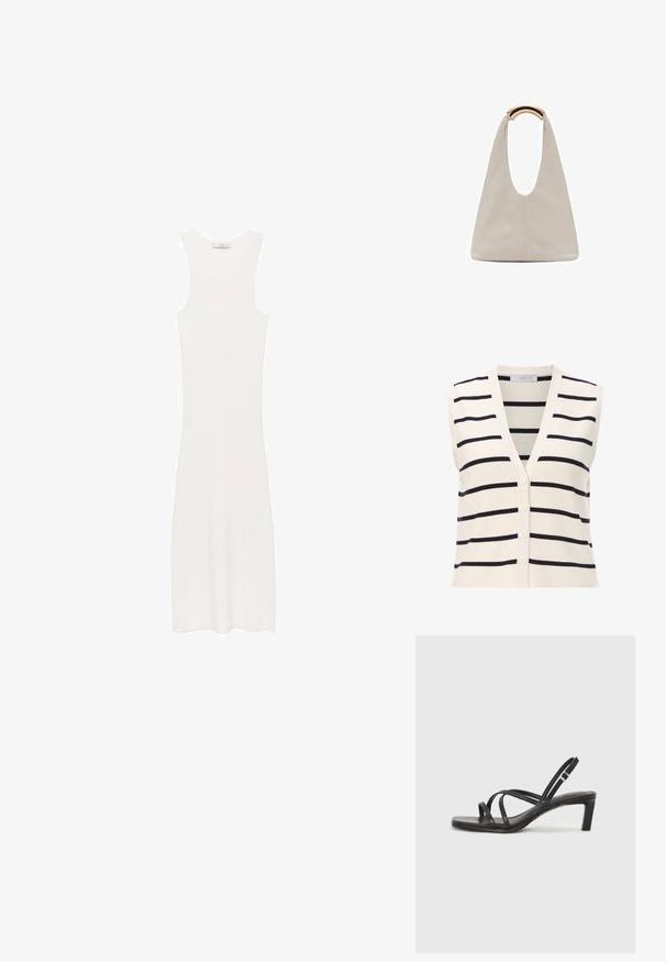 Vest fără mâneci, cu dungi, având un decolteu în V, realizat dintr-un material tricotat ușor. Bază crem cu dungi orizontale de culoare albastru închis și patru nasturi.; Rochie albă, fără mâneci, din tricot cu model în relief, cu o siluetă ajustată, care ajunge sub genunchi. Design simplu și minimalist, fără modele sau accesorii.; Sandal cu barete negre, cu vârf pătrat și toc mic de bloc. Prezintă mai multe barete subțiri și o bareta ajustabilă la gleznă. Fabricat din piele netedă.; Geantă din piele gri deschis cu un design în formă de U și un mâner metalic curbat. Textură netedă cu cusături minime și fără modele vizibile.
