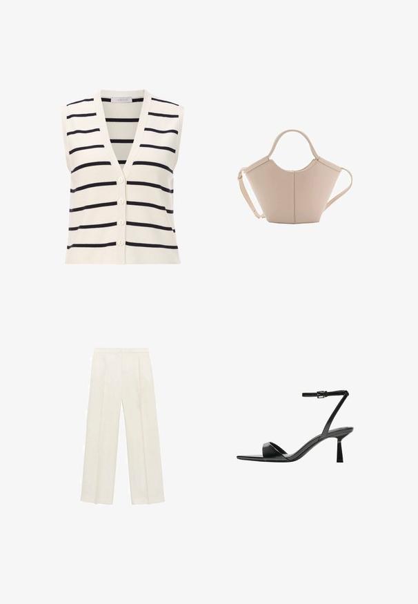 Kamizelka bez rękawów w paski, z dekoltem w serek, wykonana z lekkiej dzianiny. Kremowa baza z ciemnoniebieskimi poziomymi paskami i czterema guzikami.; Ciemnobrązowy sweter dzianinowy z okrągłym dekoltem, opuszczonymi ramionami, ściągaczami przy mankietach i u dołu, o miękkiej teksturze i luźnym kroju.; Spodnie o szerokich nogawkach w jasnym kolorze kremowym. Wykonane z gładkiego materiału, z plisami z przodu i bocznymi kieszeniami.; Bershka - Sandały na obcasie; Beżowa skórzana torebka o unikalnym kształcie, z dwoma krótkimi uchwytami i długim, regulowanym paskiem. Gładka tekstura z minimalną ilością elementów metalowych.