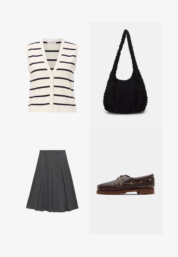 Mouwloos gestreept vest met een V-hals, gemaakt van lichtgewicht breimateriaal. Crème basis met donkerblauwe horizontale strepen en vier knopen.; Gekorte button-up shirt met blauw-witte verticale strepen en een gestructureerde afwerking, spitse kraag en enkelvoudige knopen bij de manchetten.; Grijze geplooide rok met een uitlopende vorm, gemaakt van een zachte stof. Kenmerkt zich door verticale plooien en een gladde tailleband voor een strakke look.; Bruine leren bootsschoen met gouden oogjes, ronde veters en een gestructureerde bruine rubberen zool. Kenmerkt zich door gestikte details en een verhoogd logo.; Zwarte gestructureerde stoffen tas met een enkele gedraaide strap, met een puffy vorm en een geraffineerd oppervlakontwerp.
