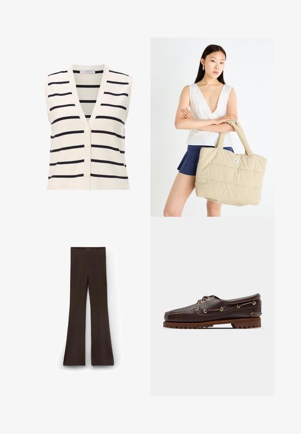 Bezramenná pruhovaná vesta s výstřihem do V, vyrobená z lehkého pleteného materiálu. Krémový základ s tmavě modrými vodorovnými pruhy a čtyřmi knoflíky.; Hnědá polokošile s dlouhým rukávem, která má horizontální bílé pruhy, kontrastní bílý límec a tříknoflíkovou légu. Měkká textura materiálu.; Hnědé rozšířené kalhoty z pružného materiálu s vysokým pasem. Hladký povrch s švy probíhajícími po nohách.; Hnědé kožené lodní boty se zlatými očky, kulatými tkaničkami a texturovanou hnědou gumovou podrážkou. Obsahují zašitý detail a vyvýšené logo.; Krémová prošívaná taška přes rameno s polstrovanou texturou a pevnými uchy, s malým logem na přední straně. Modelka má na sobě bílý top a námořnickou sukni.