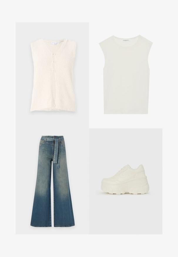 Αμάνικος γαλακτώδης γιλέκο με V-λαιμόκοψη, φτιαγμένο από υφαντό ύφασμα, που διαθέτει τρία μπροστινά κουμπιά και ίσια πλευρά.; Λευκή αμάνικη μπλούζα με στρογγυλή λαιμόκοψη. Φτιαγμένη από απαλό ύφασμα, διαθέτει χαλαρή εφαρμογή και μινιμαλιστικό σχέδιο. Χωρίς μοτίβα ή αξεσουάρ.; Πολυάριθμα τζιν παντελόνια με φαρδύ πόδι που διαθέτουν ένα ελαφρύ έως σκούρο μπλε gradient, ψηλή μέση, θηλιές ζώνης και μια ταιριαστή ζώνη από το ίδιο ύφασμα. Υφή τζιν.; Λευκά αθλητικά παπούτσια με πλατφόρμα, διαθέτουν λείο επάνω μέρος που μοιάζει με δέρμα, στρογγυλή σιλουέτα, επενδυμένο κολάρο και υφασμένο καουτσούκ σόλα με καθορισμένα μοτίβα.