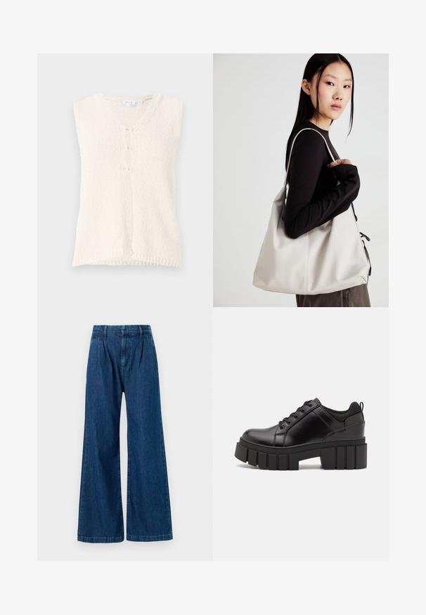 Beżowa kamizelka bez rękawów z dekoltem w kształcie litery V, wykonana z teksturowanej tkaniny, z trzema guzikami z przodu i prostym dołem.; Czarny bawełniany t-shirt z krótkim rękawem, z małym różowym motylkiem na lewej piersi. Klasyczny dekolt z luźnym fasonem.; Szerokie dżinsy w ciemnoniebieskim kolorze. Posiadają plisowany przód oraz przyszyte detale w talii i u dołu. Wykonane z tkaniny bawełnianej.; Czarne skórzane buty na platformie z masywnym słupkowym obcasem, okrągłym noskiem i klasycznym sznurowaniem. Posiadają gładką teksturę i minimalne wykończenia.; Beżowa torebka wykonana z miękkiego materiału, charakteryzująca się luźnym fasonem, wyszywanymi detalami i dwoma uchwytami na ramię. Idealna na co dzień.