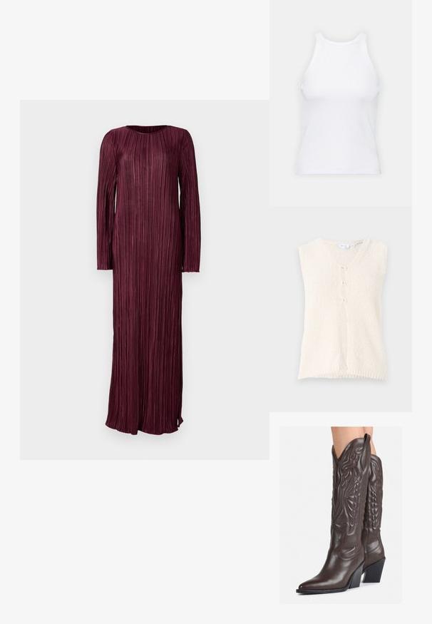 Vest fără mâneci, de culoare crem, cu decolteu în V, realizat dintr-un material texturat, având trei butoane frontale și un tiv drept.; Top alb fără mâneci, confecționat din material ribbed, prezentând un decolteu rotund și o siluetă ajustată, cu cusături minime și fără ornamente.; Rochie lungă de culoare prune, cu textură pliată, decolteu rotund și mâneci lungi. Prezintă o fanta laterală pentru un detaliu suplimentar.; Bocanci de cowboy din piele maro, cu vârf ascuțit și toc pătrat, având cusături detaliate și accente ridicate pe tijă.; Geantă mică de crem cu un finisaj texturat, curea lungă și ajustabilă, accent cu lanț și închidere cu clapetă. Detalii din hardware aurie.