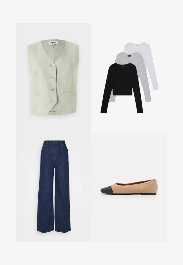 Svijetlozeleni bezrukavnik s V-izrezom, pet dugmadi sprijeda, dva bočna džepa i strukturirantom tkaninom. Jednostavan, krojeni dizajn.; Tri dugih rukava posložena: crna, siva i bijela. Svaka ima okrugli izrez i skrateni kroj s glatkom, laganom tkaninom.; Tamno plave traperice s visokim strukom i širokim nogavicama, s prednjim i stražnjim džepovima, zatvaračem na gumb i vidljivim detaljima šivanja.; Bež balerinke od suede materijala s crnim kožnim zaobljenim vrhom, niskom potpeticom i glatkom površinom, s minimalnim šavovima i čistim dizajnom.