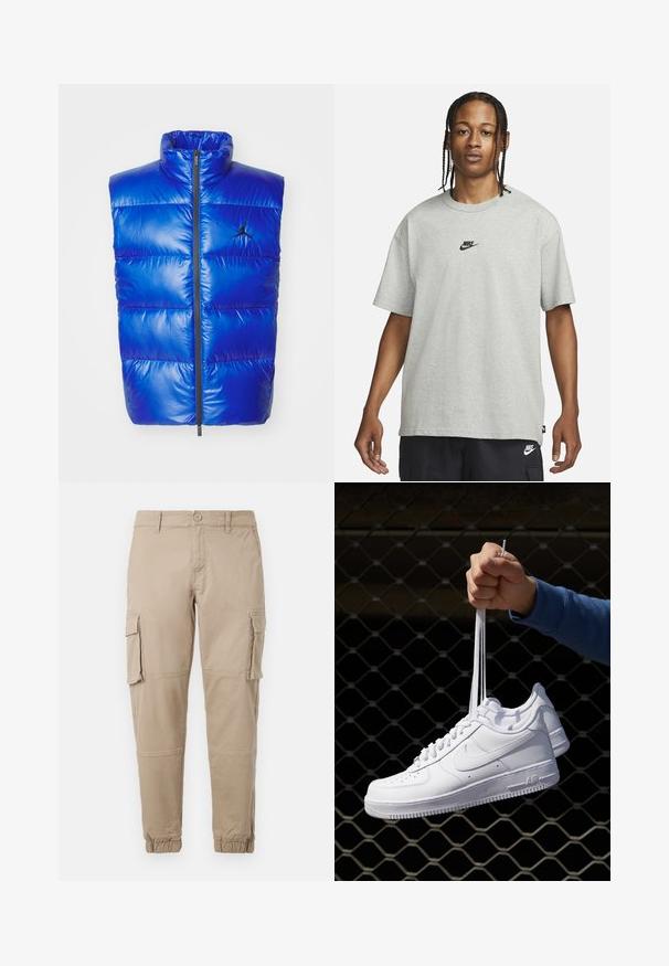 Blaue Pufferweste mit hohem Kragen, vertikal gestepptem Design, Vorderreißverschluss und schwarzem Jordan-Logo auf der linken Brust.; Junge Person mit geflochtenem Haar, die ein hellgraues Nike-T-Shirt und schwarze Nike-Shorts trägt, vor einem einfarbigen weißen Hintergrund.; Beige Cargo-Hosen aus leichtem Baumwollmaterial. Mit elastischen Bündchen, mehreren Seitentaschen und einem Knopfverschluss.; Weiße Leder-Sneaker mit Perforationen, runder Zehenpartie, flacher Sohle und dicken Schnürsenkeln, mit sichtbar eingesticktem Swoosh-Logo und "AIR" an der Ferse.