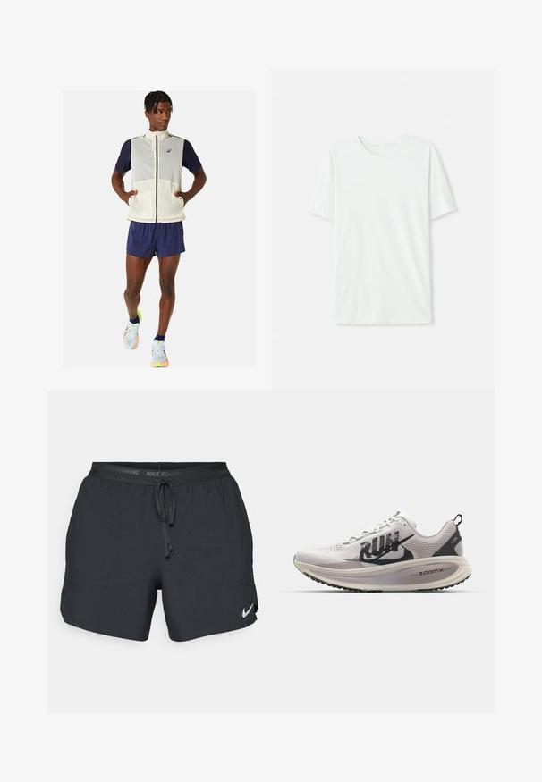 Letvægts, ærmeløs cremevest med marineblå ærmer, forlommer og høj krave. Matchet med marineblå shorts og multifarvede løbesko.; Lys mintgrøn kortærmet T-shirt lavet af blødt stof. Har en rund halsudskæring og et enkelt, lige snit uden dekorationer.; Sorte letvægts løbeshorts i et tekstureret, åndbart stof. Har en elastisk talje, snørebånd og et lille hvidt Nike-logo.; Nike Performance VOMERO 18 RUN - Løbesko til landevejen - summit white/black/college grey/vast grey/sequoia/sail