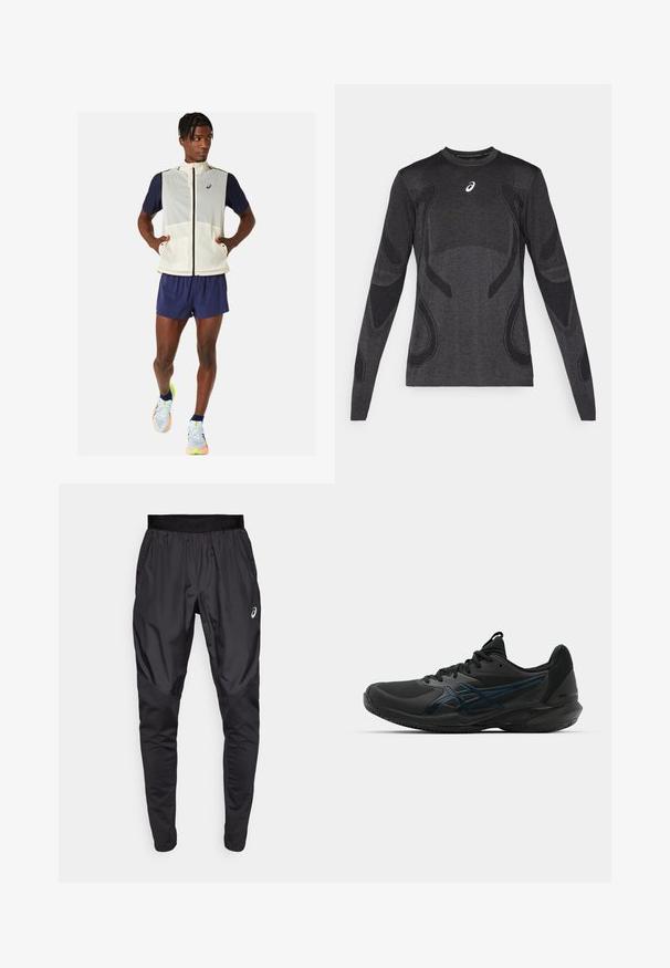 Leichte, ärmellose cremefarbene Weste mit marineblauen Ärmeln, Fronttaschen und hohem Kragen. Kombiniert mit marineblauen Shorts und mehrfarbigen Laufschuhen.; Langärmliges Sportoberteil in Dunkelgrau mit strukturierten Designelementen in Hellgrau. Rundhalsausschnitt mit Logo auf der Brust.; Schwarze Sporthosen mit einem dehnbaren Bund, Seitentaschen und kontrastierenden Texturpanelen an den Beinen. Asics-Logo an der Hüfte.; ASICS SOLUTION SPEED FF 3 CLAY - Tennisschuh für Sandplätze - black/prism blue
