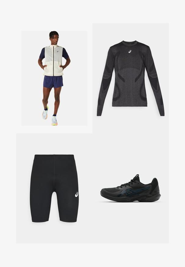 Gilet créme léger sans manches avec des manches marines, des poches avant et un col haut. Associé à un short marine et des chaussures de course multicolores.; Haut de sport à manches longues en gris foncé, avec des accents de design texturé en gris clair. Encolure ronde avec logo sur la poitrine.; Shorts de sport noirs avec une texture lisse, un design ajusté et un logo blanc sur le côté gauche. Pas de poches visibles ni de détails en métal.; ASICS SOLUTION SPEED FF 3 CLAY - Chaussures de tennis pour terre-battueerre battue - black/prism blue