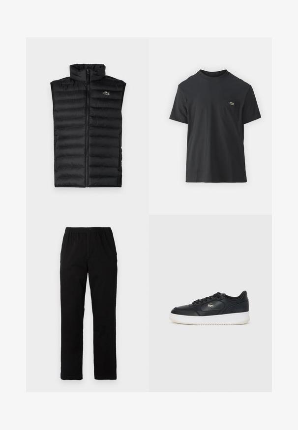 Colete puffer preto com colarinho alto, fecho em zíper e painéis horizontais. Apresenta um pequeno logo do crocodilo Lacoste no peito.; Camiseta de algodão preta com mangas curtas, decote redondo e um pequeno logo verde no bolso do peito esquerdo. Design simples, corte regular.; Calças pretas feitas de um tecido de algodão misto, com corte reto, cintura elástica com botão e sem padrões ou detalhes visíveis.; Sapatilha de couro preto com sola branca, apresentando um bico arredondado, design com atacadores e um logotipo discreto na lateral. Detalhes em relevo na parte superior.