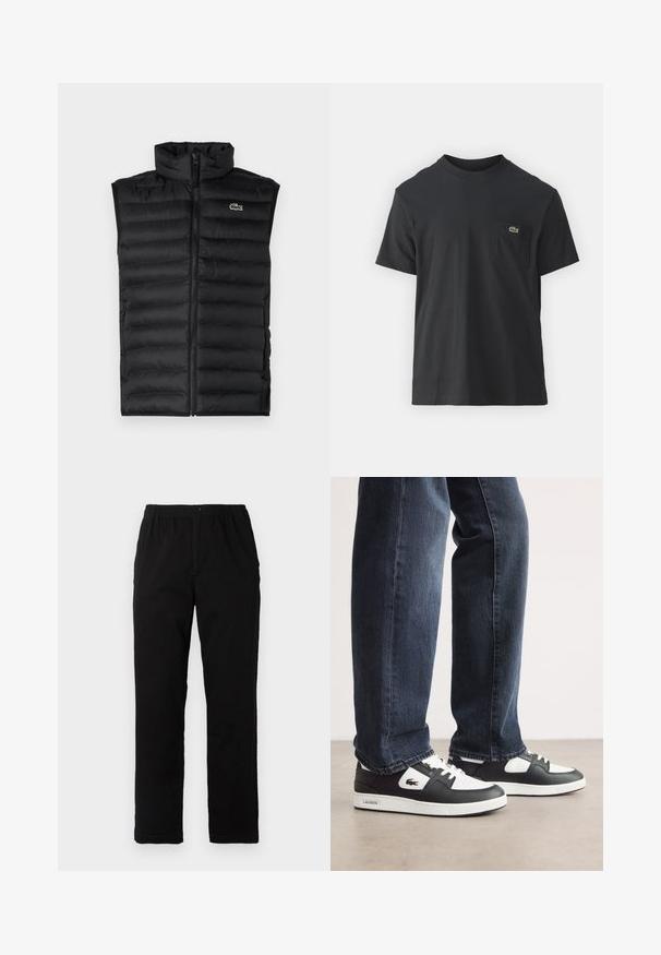 Melna pūkainā veste ar augstu apkakli, ar rāvējslēdzēju un horizontāliem paneļiem. Iezīmēta ar mazu Lacoste krokodilu logotipu uz krūtīm.; Melnas kokvilnas T-krekls ar īsām piedurknēm, apaļu kakla izgriezumu un mazu zaļu logotipu kreisajā krūšu kabatē. Vienkāršs dizains, regulāra piegriezuma.; Melnas bikses no kokvilnas maisījuma auduma, ar taisnu griezumu, elastīgu jostasvietu ar pogu un bez redzamām rakstu vai akcentiem.; Melnbalti Lacoste sporta apavi ar teksturētu ādas augšdaļu, ar saistēm un baltu gumijas zoli. Nēsāti ar tumšām džinsām.