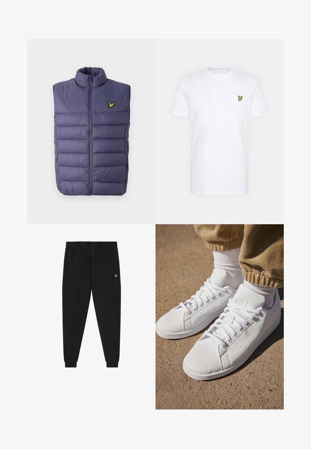 Ljubičasti podstavljeni prsluk s visokim ovratnikom i prednjim zatvaračem. Ima horizontalne šavove i mali žuti logotip na lijevoj strani.; Bijela pamučna majica s malim crnim i žutim izvezenim logotipom na lijevoj strani prsnog koša. Kratki rukavi i okrugli izrez.; Crne sportske hlače s elastičnim pojasom i vezicama, suženim nogavicama s manžetama i malim žutim vezenim logotipom na desnoj bedri.; Bijele kožne tenisice s glatkom površinom, klasičnog dizajna s vezicama, s perforacijama za prozračnost i teksturiranim gumenim potplatom.