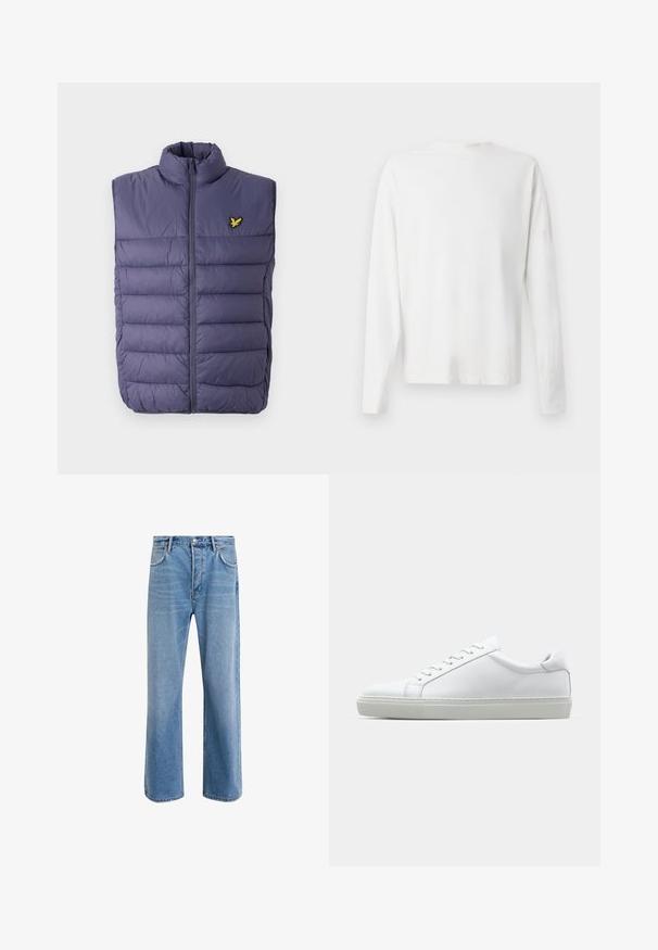 Lila gepolsterte Weste mit hohem Kragen und Reißverschluss vorne. Mit horizontalen Nähten und einem kleinen gelben Logo auf der linken Seite.; Langärmliges weißes Baumwollhemd mit rundem Ausschnitt, seitlichen Schlitzen am unteren Rand und glatter Textur, von hinten präsentiert.; Helle blaue Jeans im Geradeschnitt-Design, mit fünf Taschen, Knopfverschluss, minimaler Ausbleichung und kontrastierenden Nähdetails.; Weißer Sneaker mit glattem Lederobermaterial und niedrigem Profil. Verfügt über eine runde Zehenpartie, sechs Ösen und eine strukturierte Gummisohle.